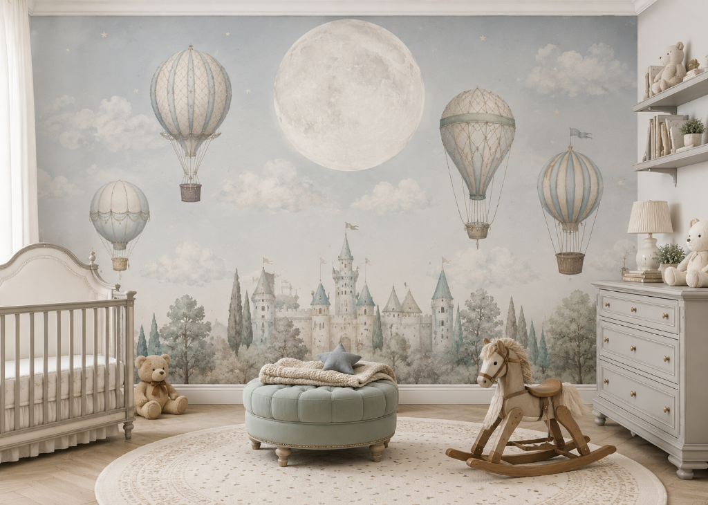 Moonlit Castle Boys Nursery Wall Mural - Nursery Room View