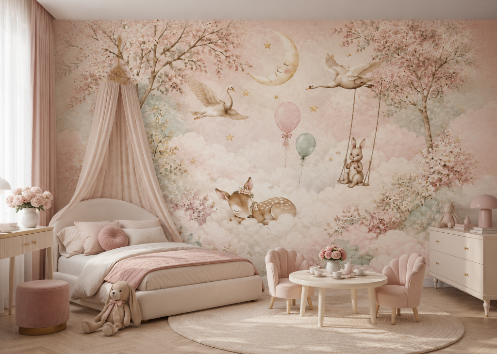 Dreamy Cloud Garden Girls Wall Mural – Pink Bedroom Room View