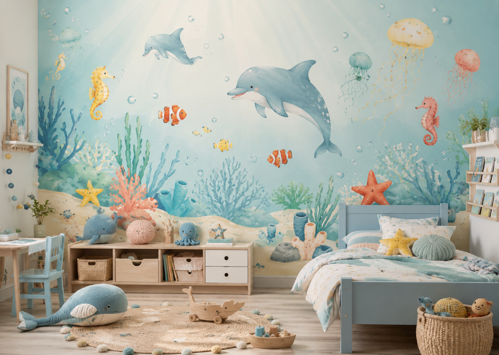 Dolphin Bay Boys Underwater Wall Mural - Boys Room View