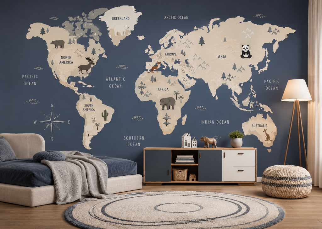 Navy World Map Boys Wall Mural - Boys Room View