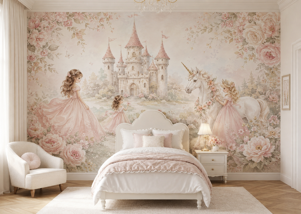 Princess Castle Girls Floral Wall Mural - Girls Room View