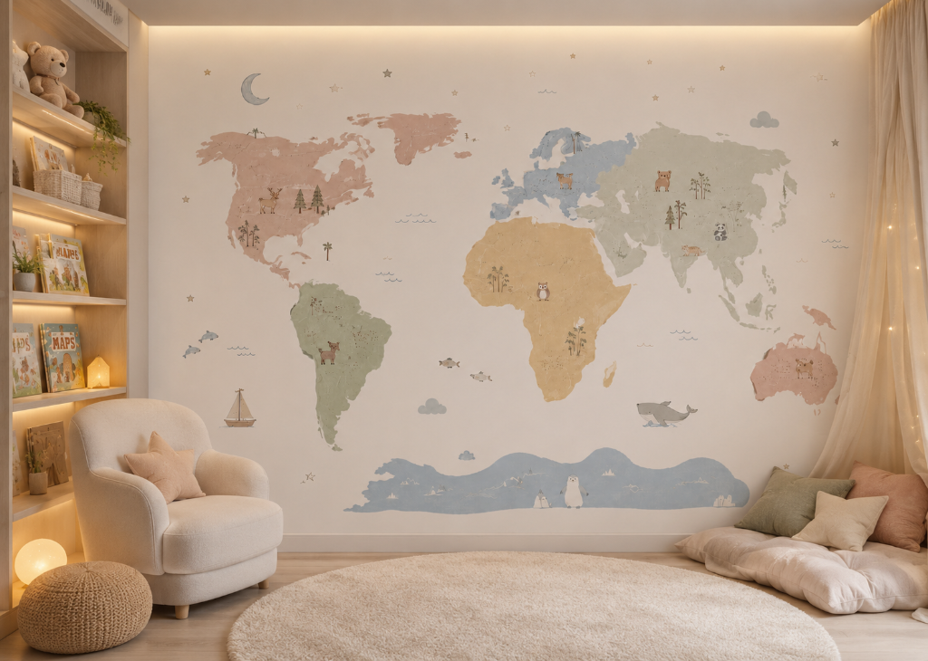 Animal World Map Kids Wall Mural - Room View 2
