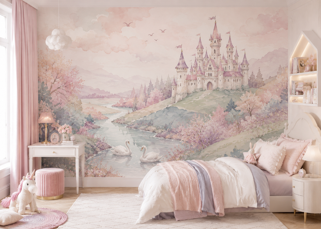 Swan River Castle Girls Landscape Wall Mural - Girls Room View