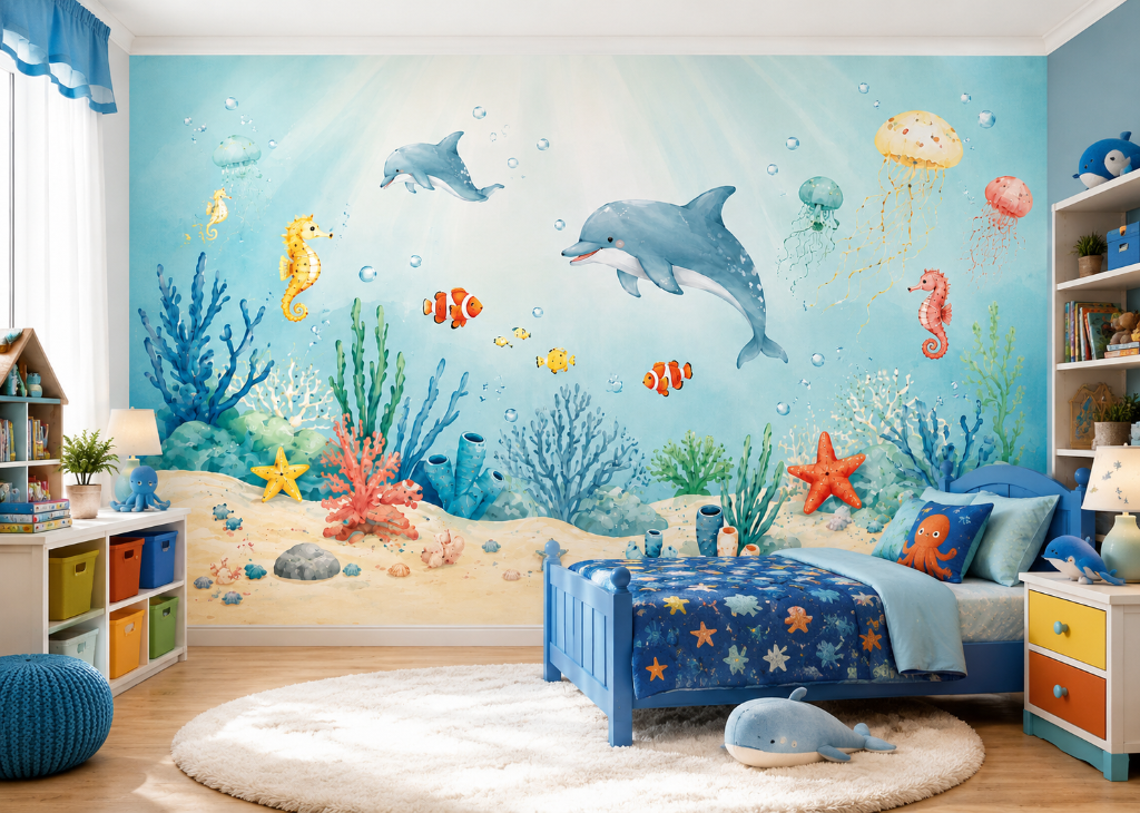 Dolphin Bay Boys Underwater Wall Mural - Room View 3