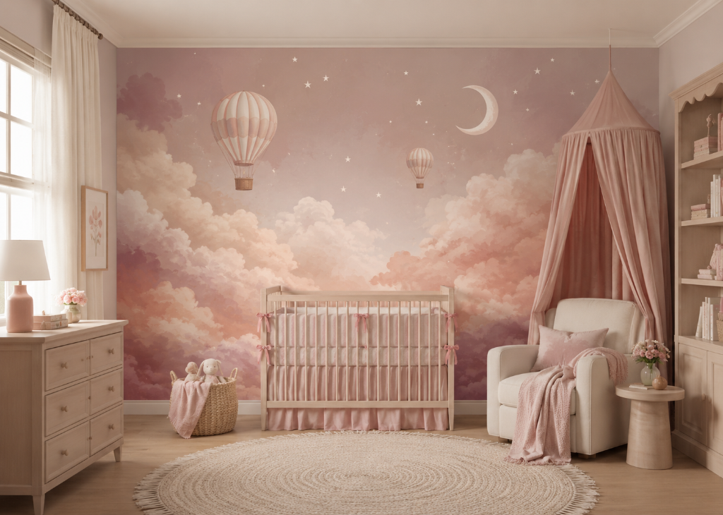 Blush Balloon Sky Girls Nursery Wall Mural - Nursery Room View