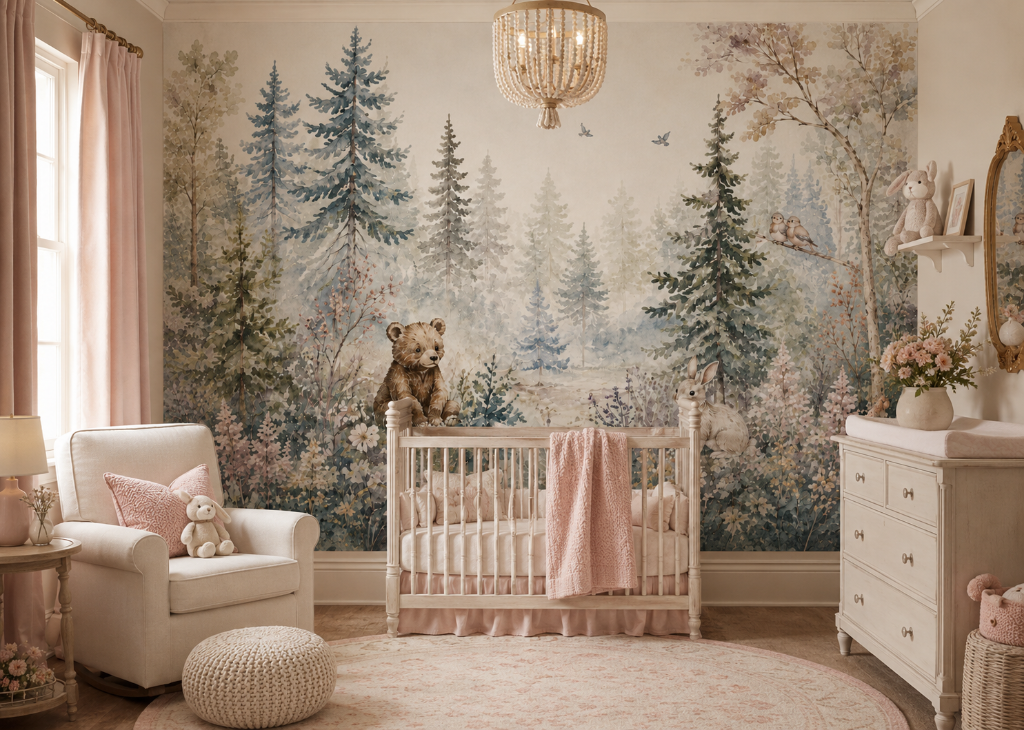 Bear & Bunny Girls Nursery Wall Mural - Room View 3