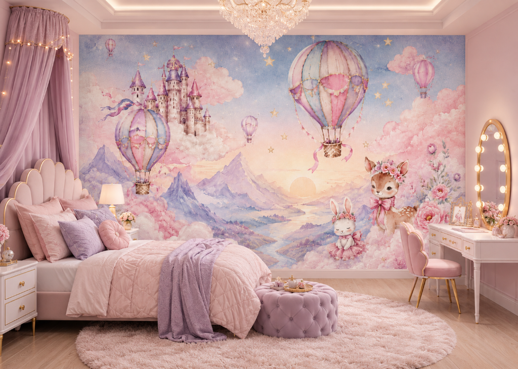 Hot Air Balloon Castle Girls Fantasy Sky Wall Mural - Room View 2