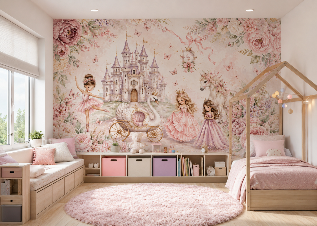 Crown Castle Princesses Girls Unicorn Wall Mural - Room View 3