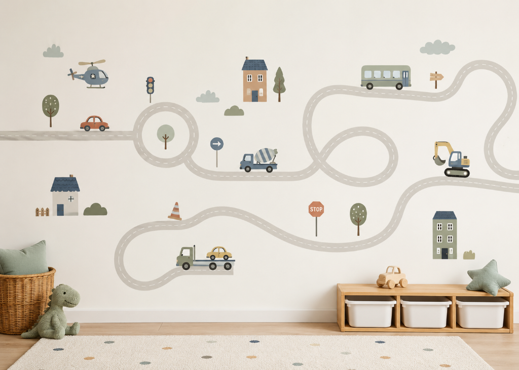 Boys Kids Wall Mural – City Road Adventure with Cars and Vehicles