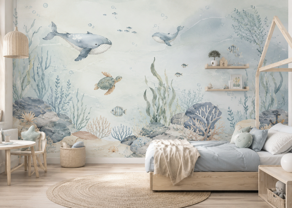 Gentle Ocean Boys Nursery Wall Mural - Boys Room View