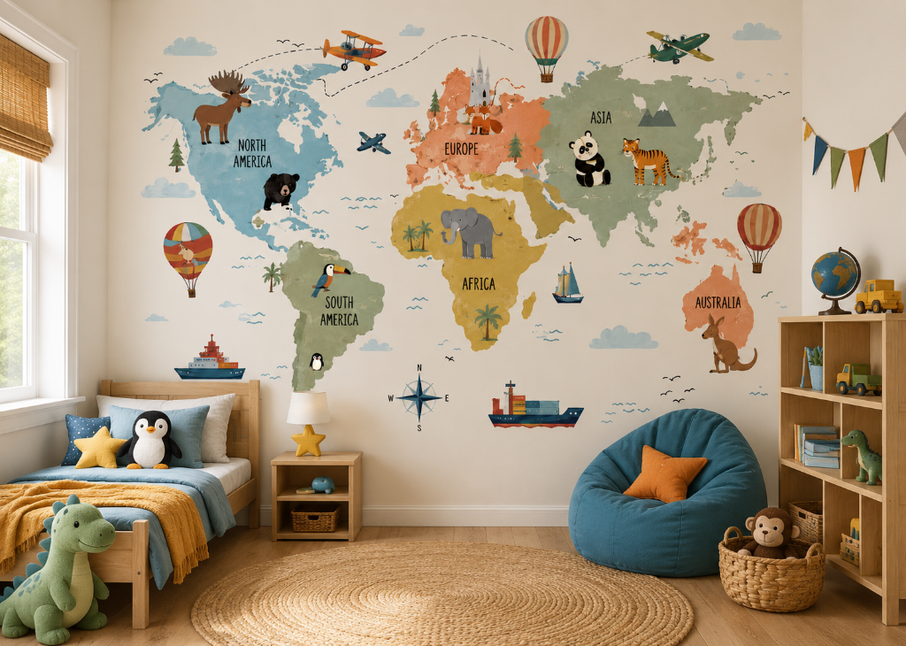 Colorful World Adventure Boys Wall Mural - Room View 2