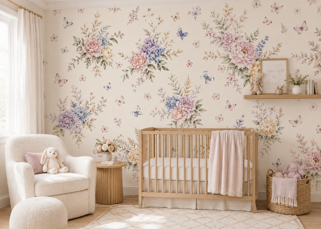 Peony & Hydrangea Girls Nursery Wall Mural - Room View 3