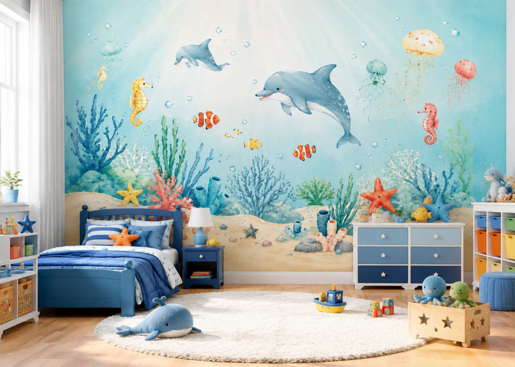 Dolphin Bay Boys Underwater Wall Mural - Room View 2