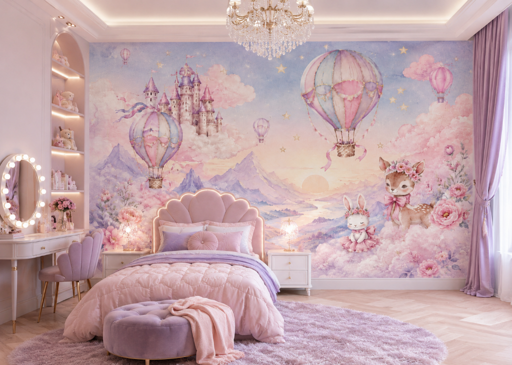 Hot Air Balloon Castle Girls Fantasy Sky Wall Mural - Room View 3