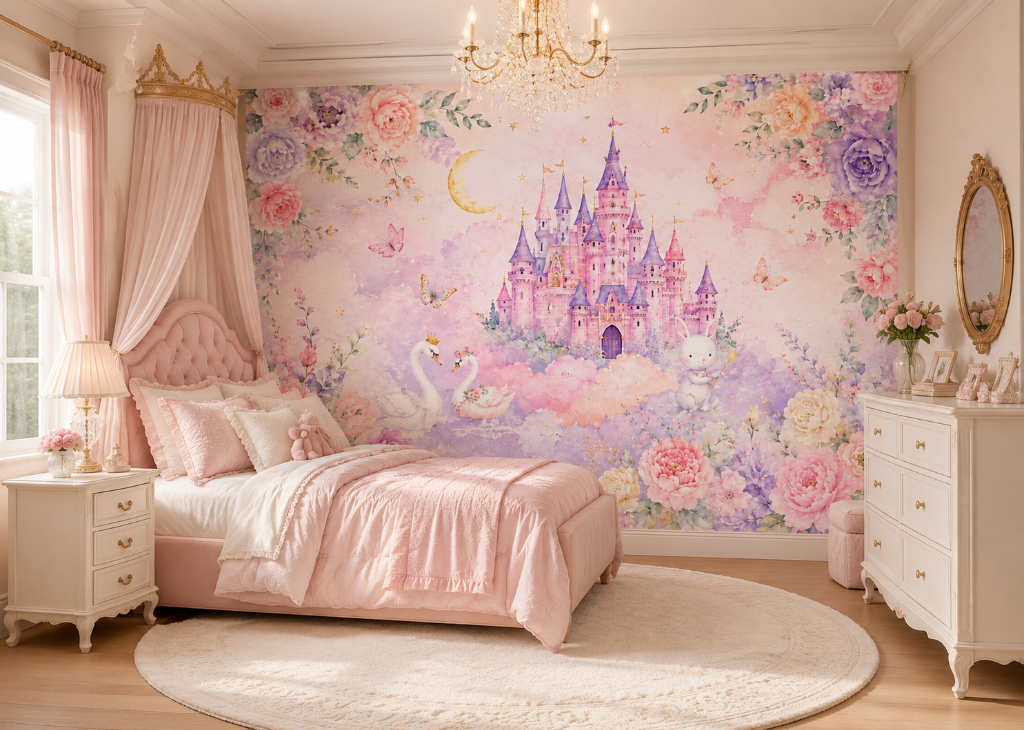 Swan Castle Dream Girls Floral Wall Mural - Room View 3