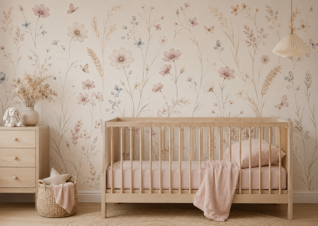 Wheat & Cosmos Girls Nursery Wall Mural - Nursery Room View