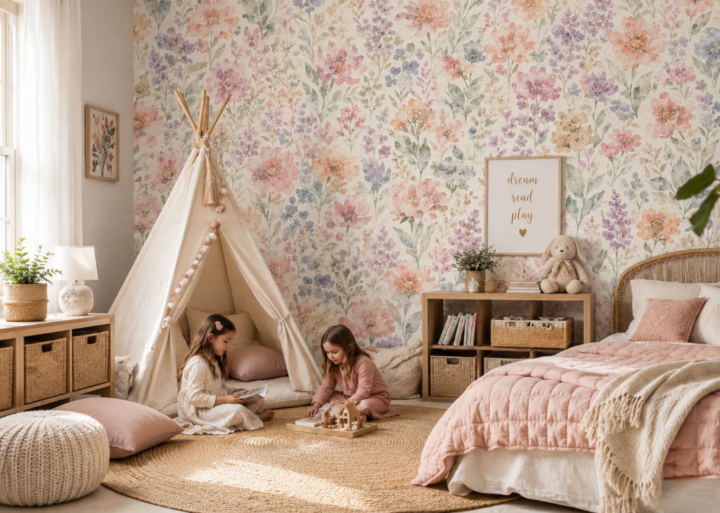 Lavender & Blush Wildflowers Girls Wall Mural - Room View 3