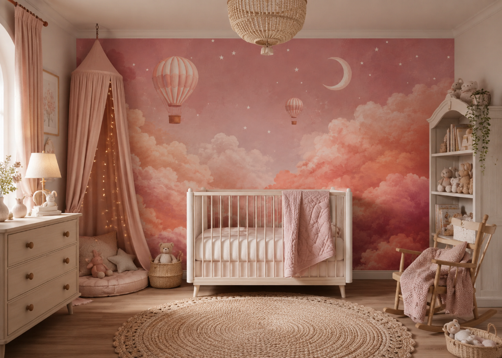 Blush Balloon Sky Girls Nursery Wall Mural - Room View 2