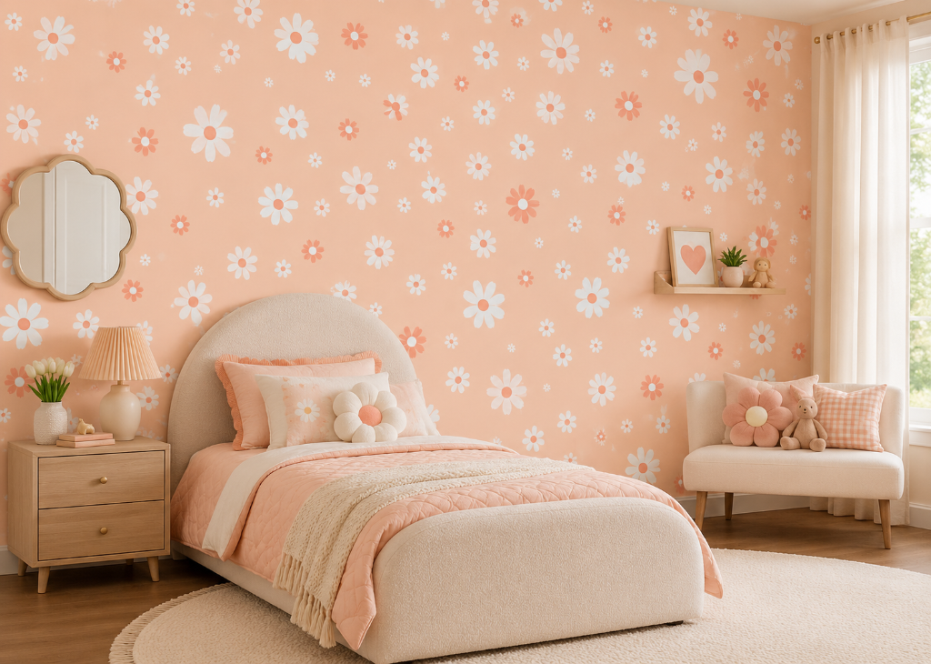 Peach Daisy Bloom Girls Wall Mural - Room View 2