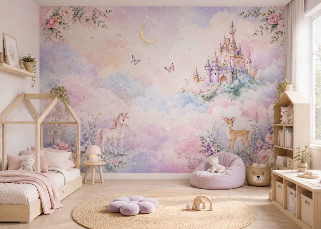Unicorn Cloud Castle Girls Dreamy Wall Mural - Room View 2