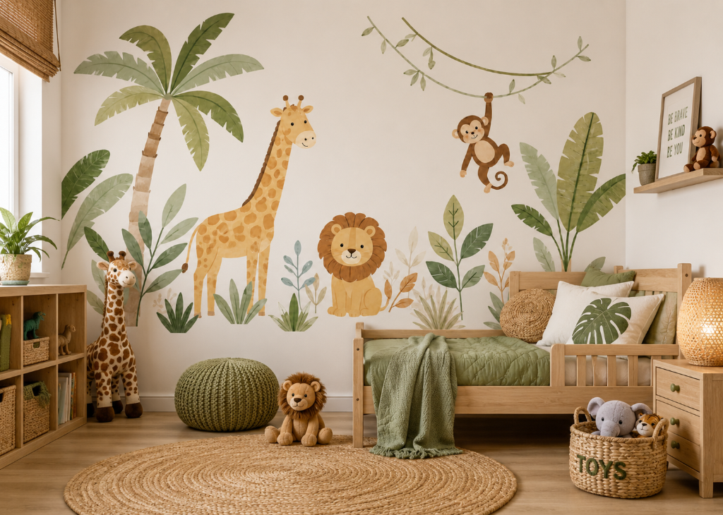 Safari Pals Kids Jungle Wall Mural - Boys Bedroom Room View