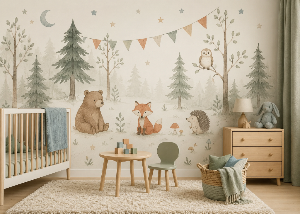 Woodland Friends Kids Nursery Wall Mural - Nursery Room View