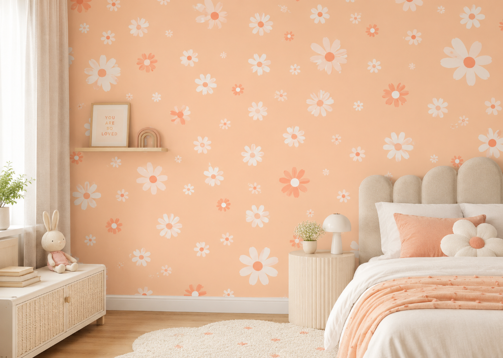 Peach Daisy Bloom Girls Wall Mural - Girls Room View
