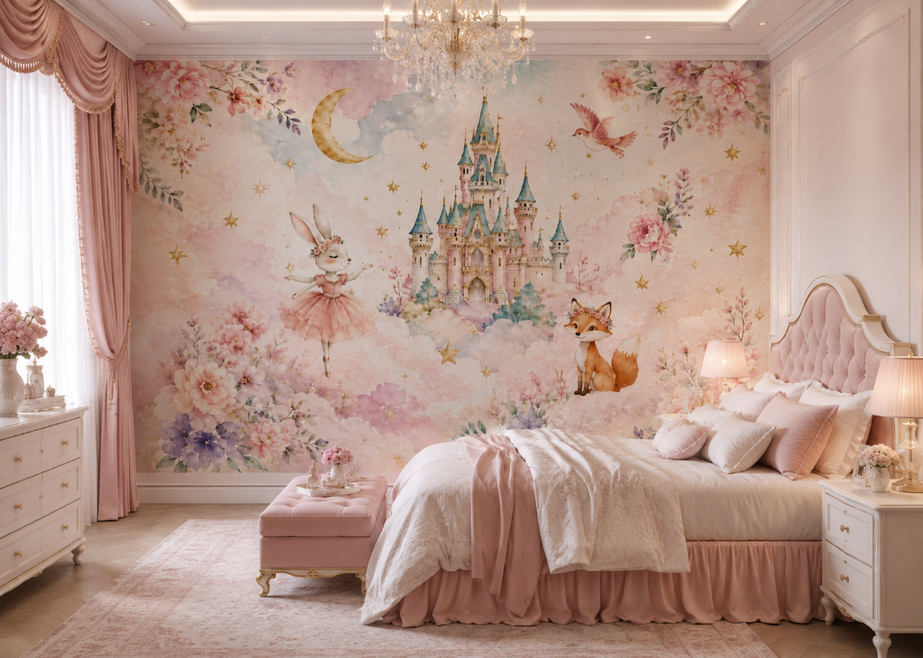 Ballerina Bunny & Fox Girls Enchanted Castle Wall Mural - Room View 2