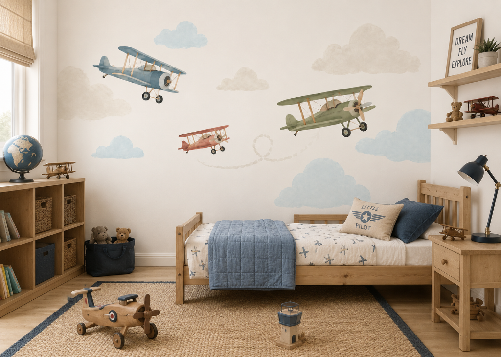 Vintage Sky Flyers Boys Airplane Wall Mural - Little Pilot Bedroom