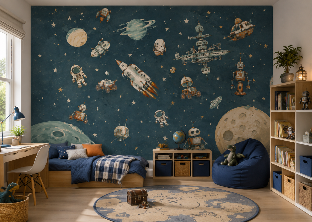 Retro Space Explorers Boys Galaxy Wall Mural - Room View 2
