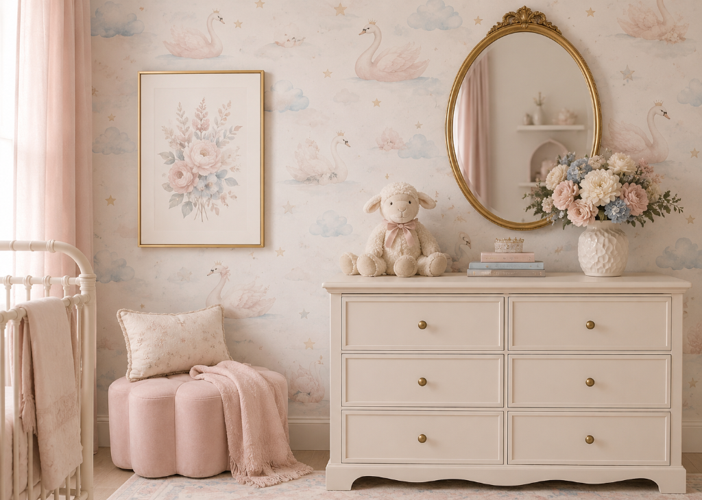 Swan Princess Girls Dreamy Nursery Wall Mural - Nursery Room View