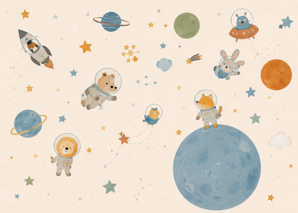 Animal Astronauts Boys Space Wall Mural - Design Flat View
