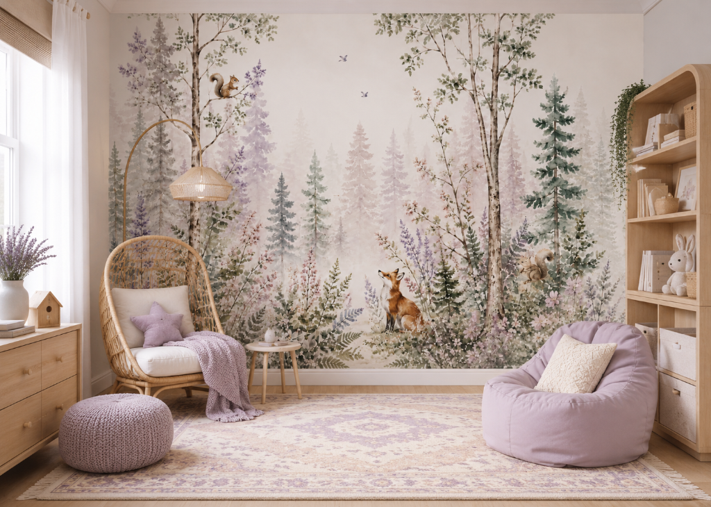 Lavender Fox Girls Woodland Wall Mural - Room View 2