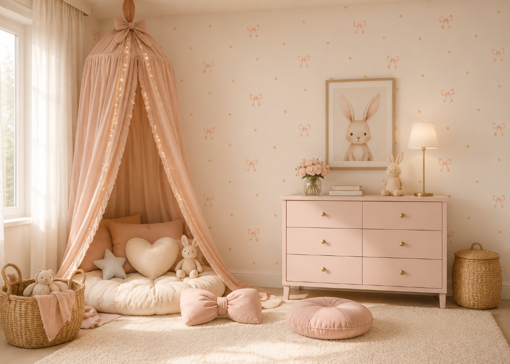 Bows & Stars Girls Coquette Nursery Wall Mural - Room View 3