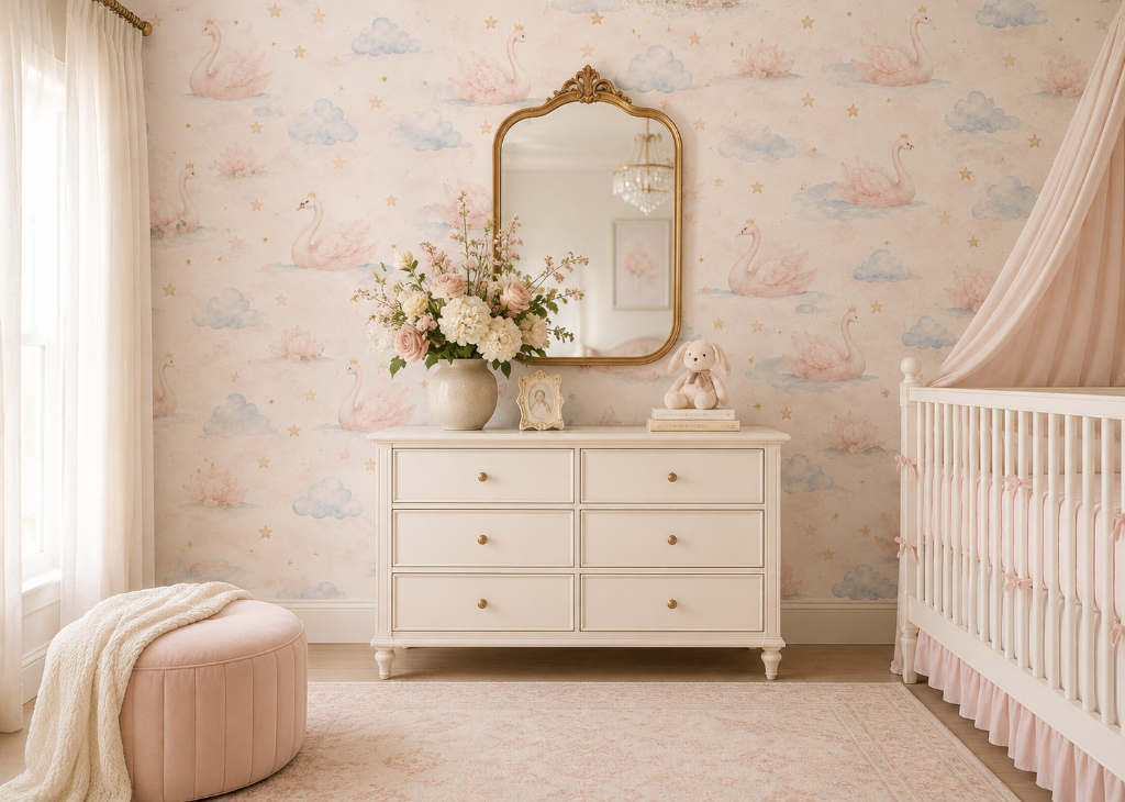 Swan Princess Girls Dreamy Nursery Wall Mural - Room View 3