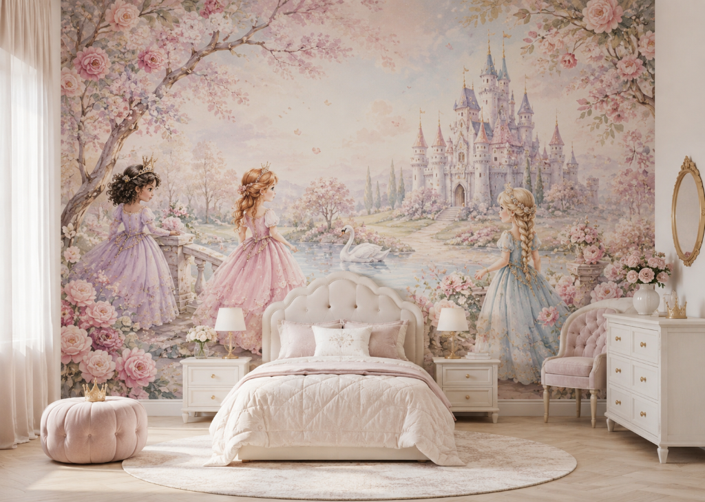 Three Princesses Girls Castle Wall Mural - Girls Room View