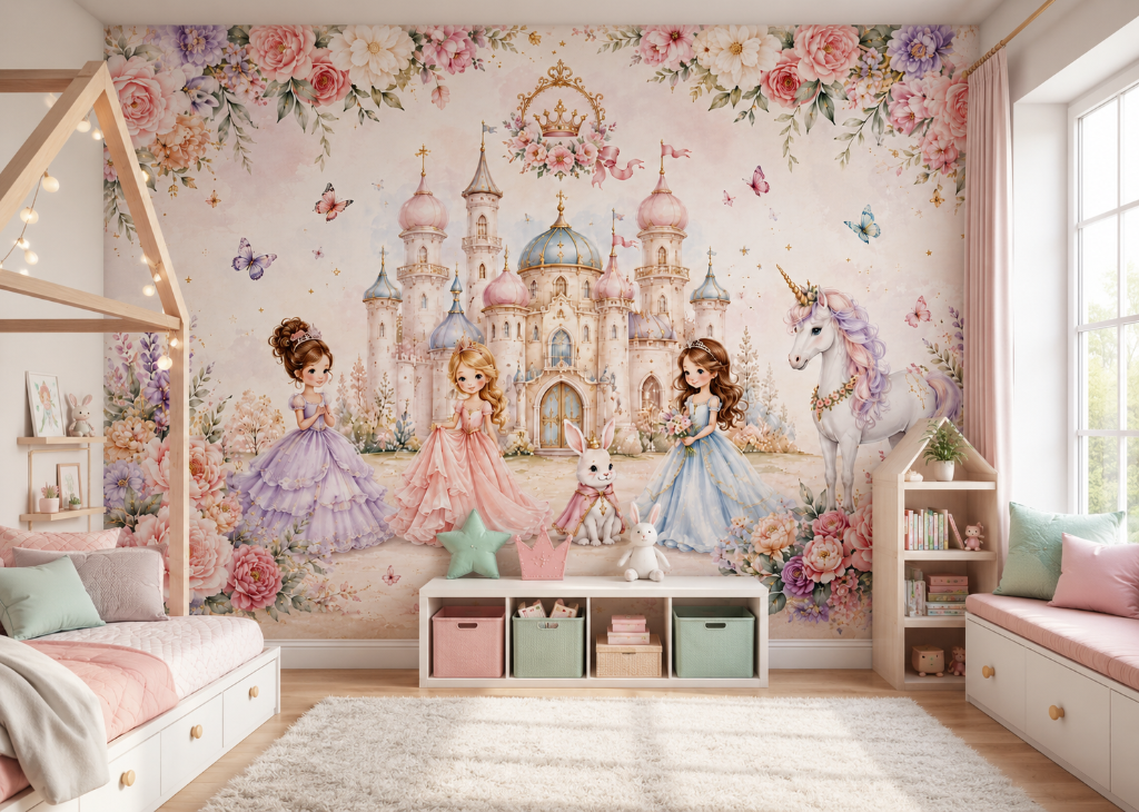 Crown Castle Princesses Girls Unicorn Wall Mural - Room View 2