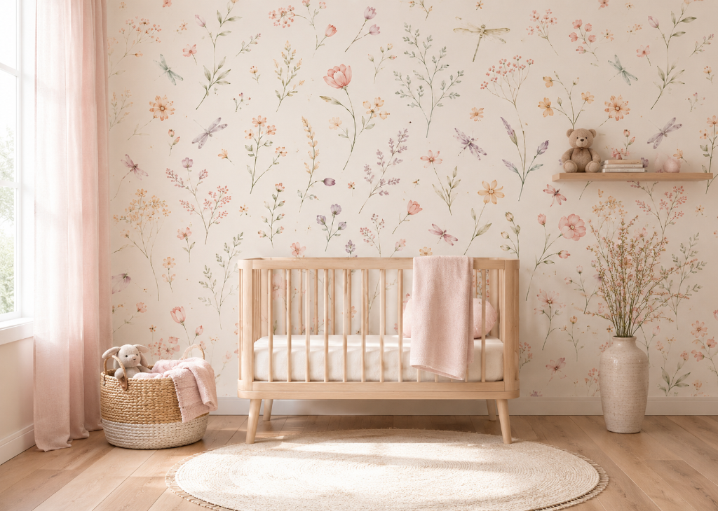 Wildflower Meadow Girls Nursery Wall Mural - Room View 3