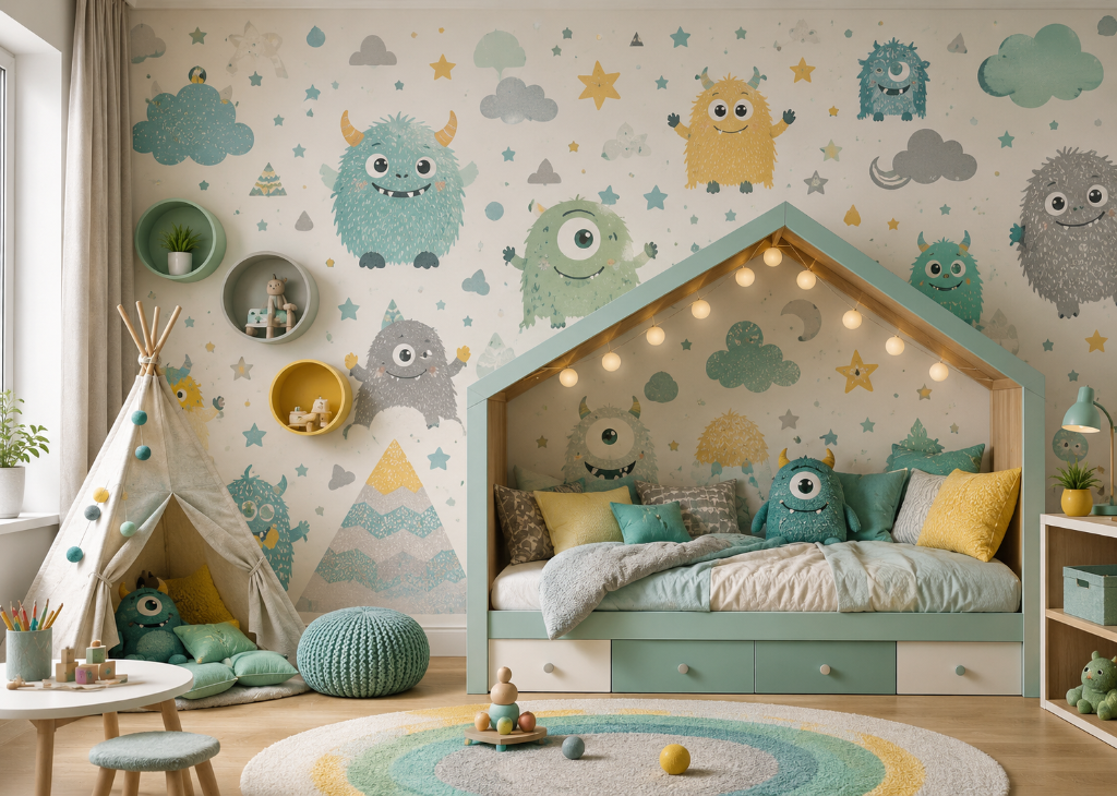 Little Monsters Boys Cute Monster Wall Mural - Boys Room View