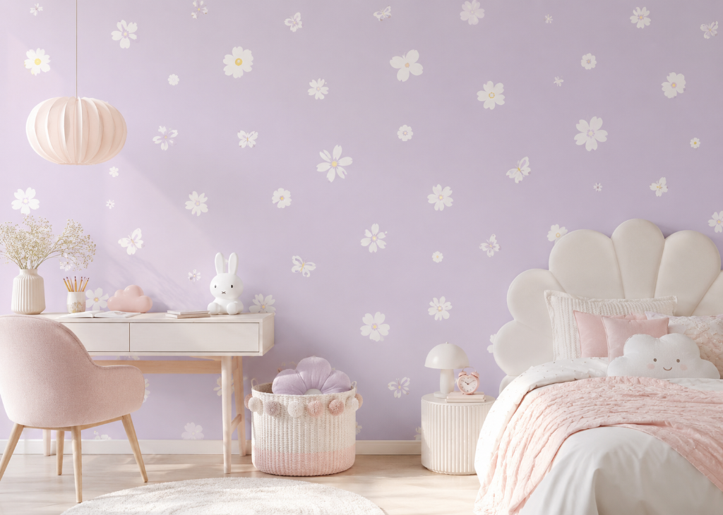 Lavender Daisy Dream Girls Wall Mural - Girls Room View