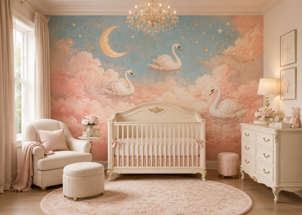 Crown Swans Girls Nursery Wall Mural - Room View 2