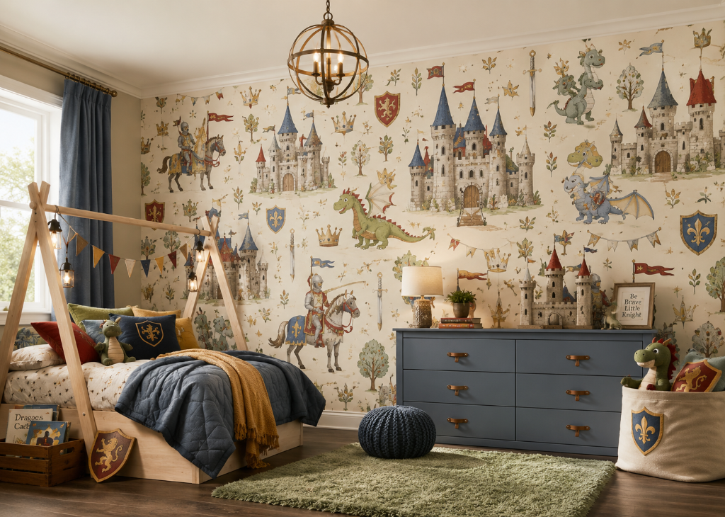 Knights & Dragons Boys Medieval Wall Mural - Boys Room View