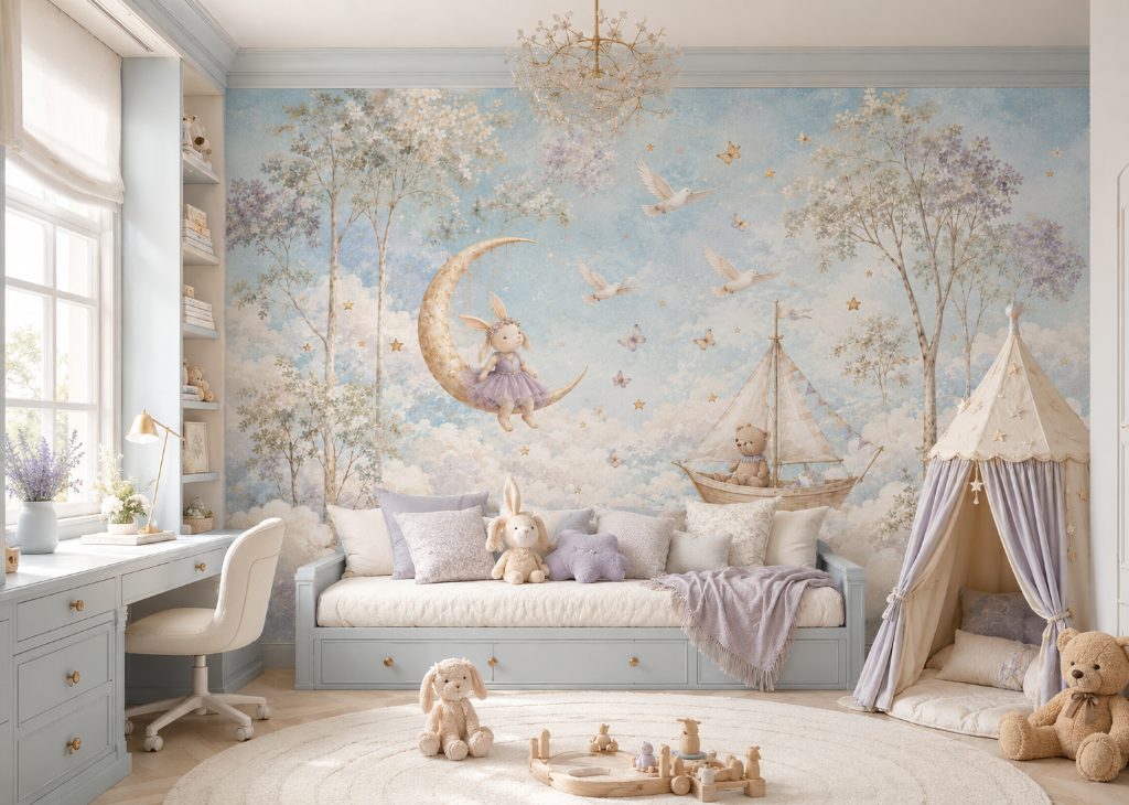 Moon & Sailboat Girls Dreamy Wall Mural - Bedroom View