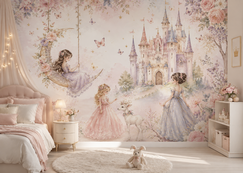 Moon Swing Princesses Girls Floral Wall Mural - Girls Room View