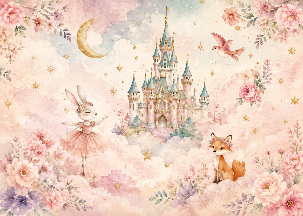 Ballerina Bunny & Fox - Mural Design Flat View