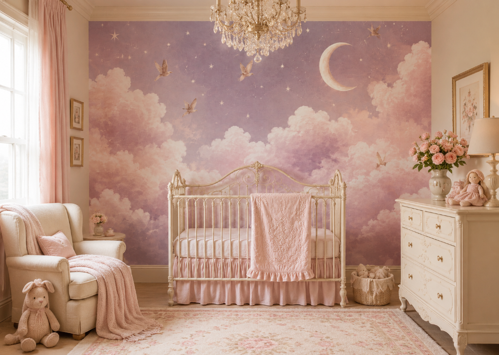 Lilac Dove Sky Girls Nursery Wall Mural - Room View 3