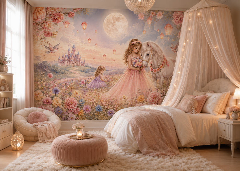 Moonlit Meadow Girls Princess & Horse Wall Mural - Room View 3