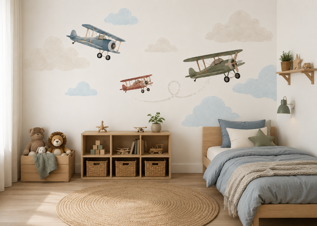 Vintage Sky Flyers Boys Airplane Wall Mural - Boys Bedroom Room View