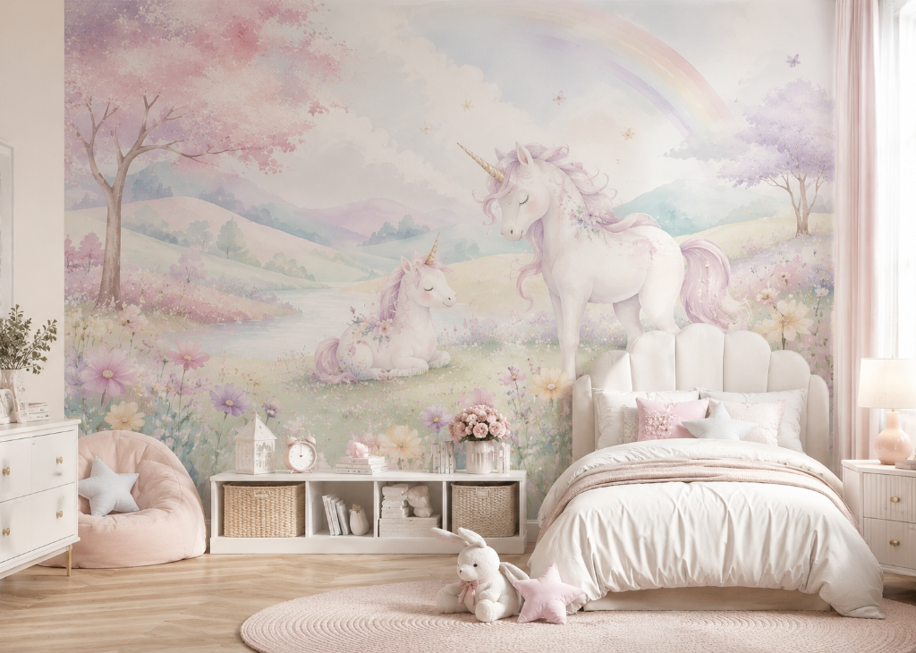 Unicorn Meadow Rainbow Girls Floral Wall Mural - Girls Room View