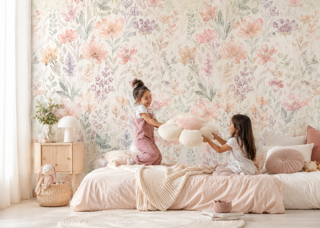 Blush Poppy Garden Girls Wall Mural - Girls Room View